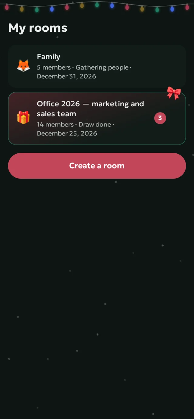 Rooms list: family, friends, work